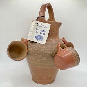 Vintage Mexican Barro Clay Pitcher Set Teotihuacan Style Folk Art Jug W/ Cups